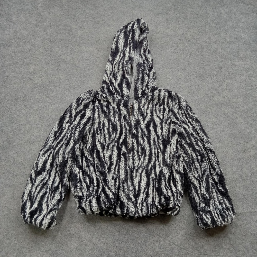 Splendid Jacket Girls 5-6 Black White Faux Fur Hooded Zip‎ Fuzzy Animal Print